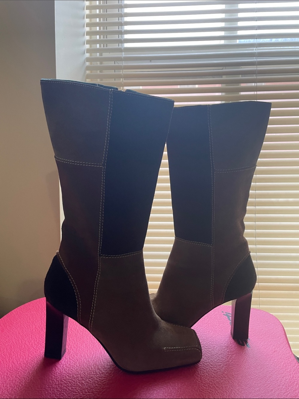 Via Spiga Two-Tone Taupe and Black High Heel Mid-Calf Boots - Picture 2 of 8